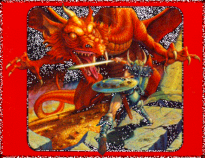 [ Human warrior versus red dragon, from a Dungeons and Dragons Basic Edition cover ]